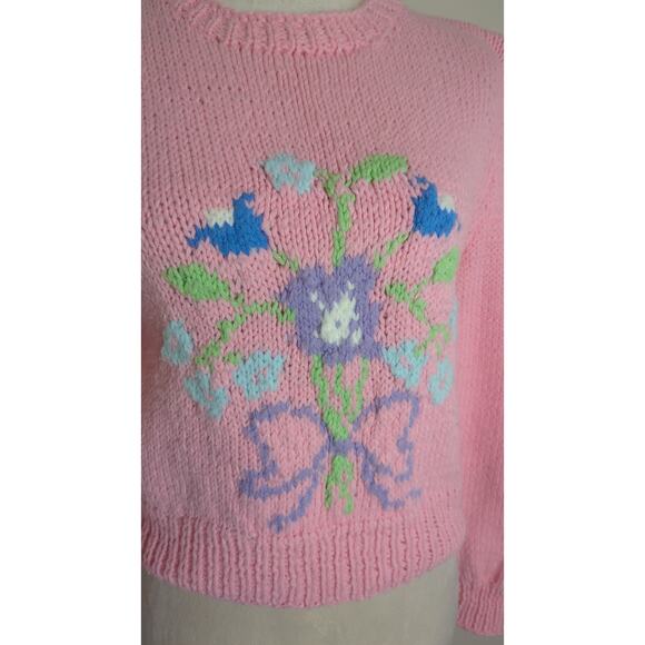 Vintage Cropped Hand Knit Sweater Balloon Sleeves Floral Design Women's Small - Picture 2 of 8
